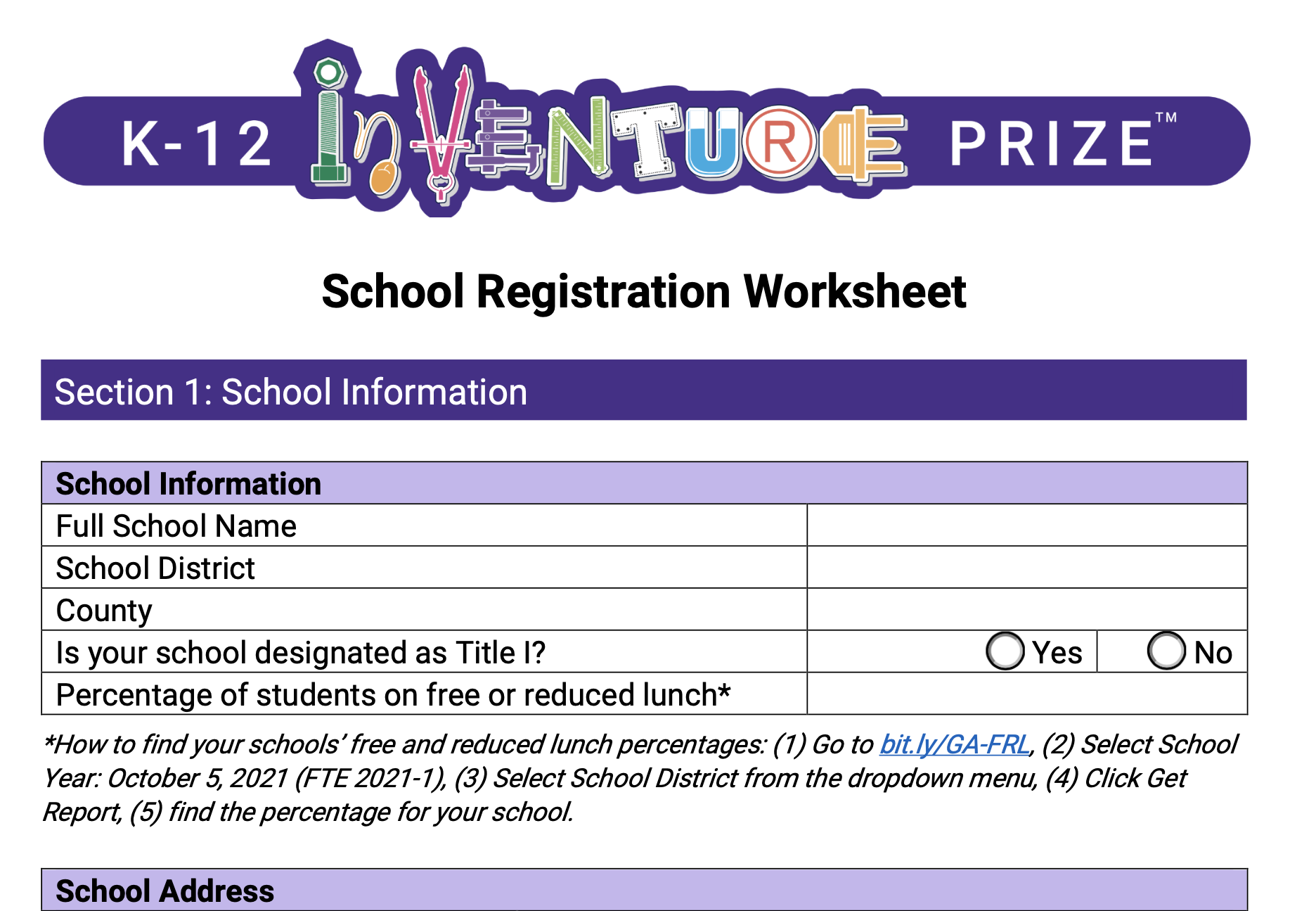 Image of the top section of the School Registration worksheet
