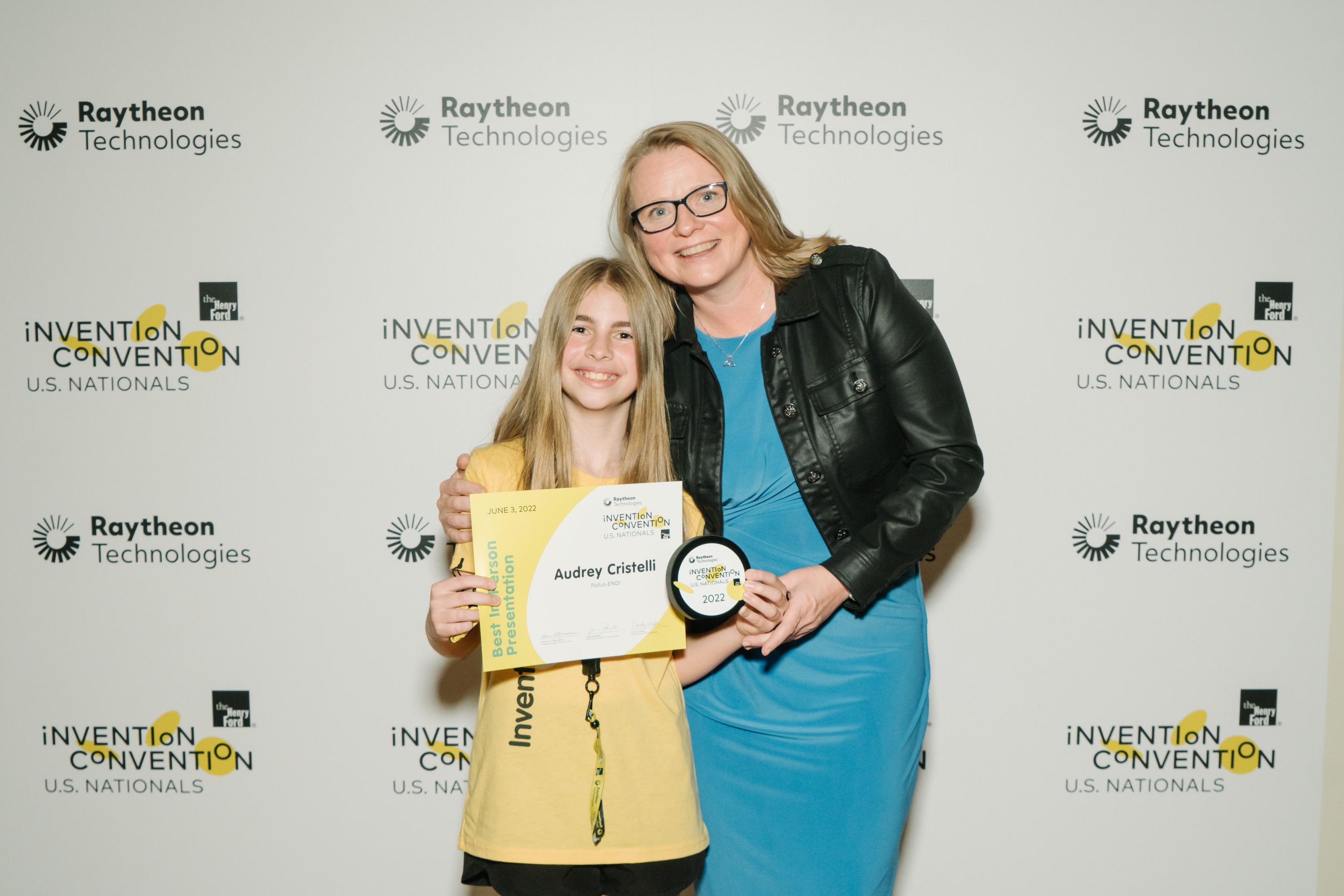 Audrey Cristelli of Team Pollut-END with Lucie Howell, Chief Learning Officer of The Henry Ford Museum of American Innovation at the 2022 Raytheon Technologies Invention Convention U.S. Nationals held at the museum in spring.