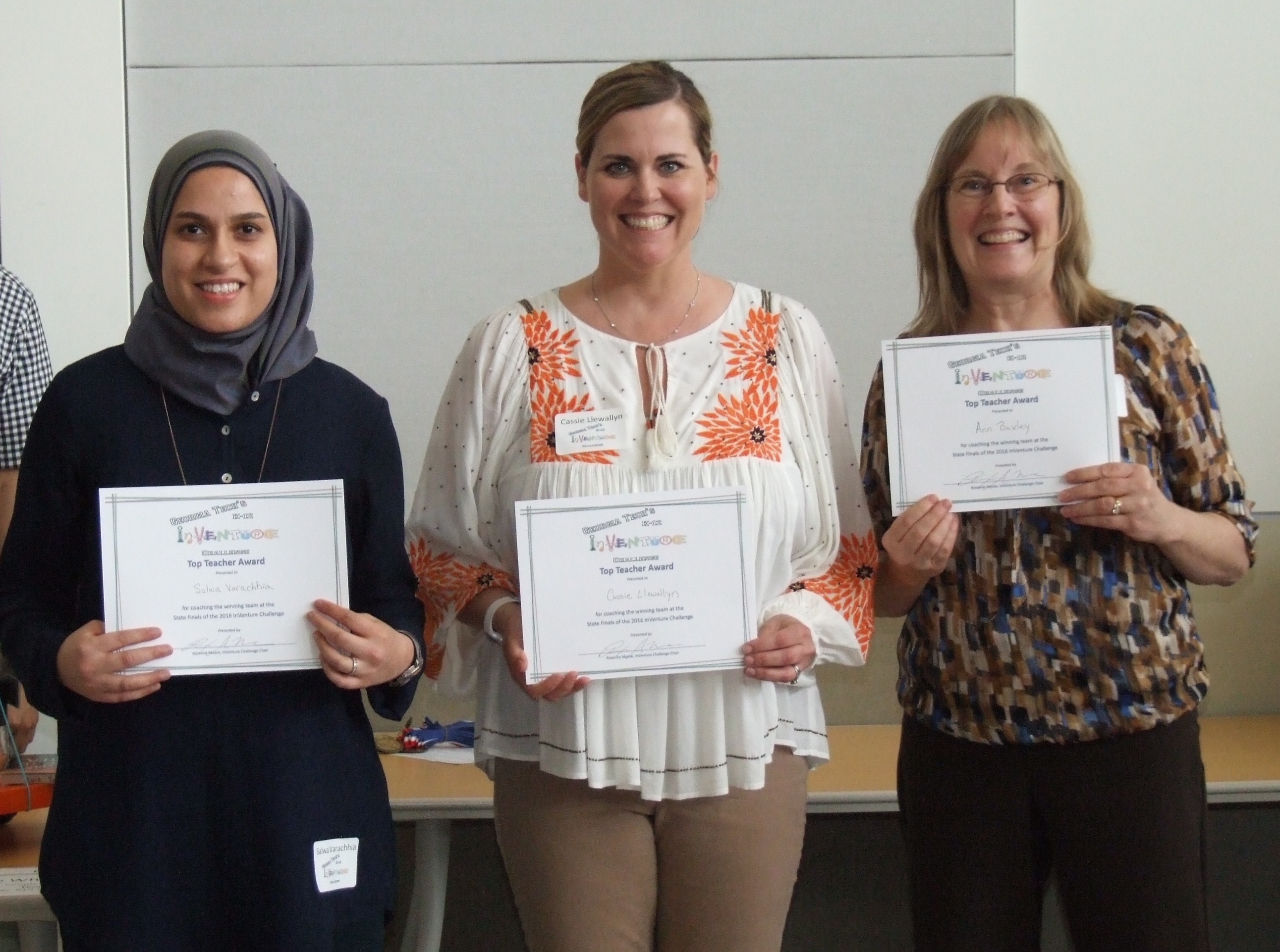 1st Place TeachersThe teachers (3) of the first place elementary, middle, and high school teams Ann Baxley (Walton High School), Salwa Varachhia (Amana Academy), Cassie Llewallyn (Pickett’s Mill Elementary) were recognized with a special certificate.